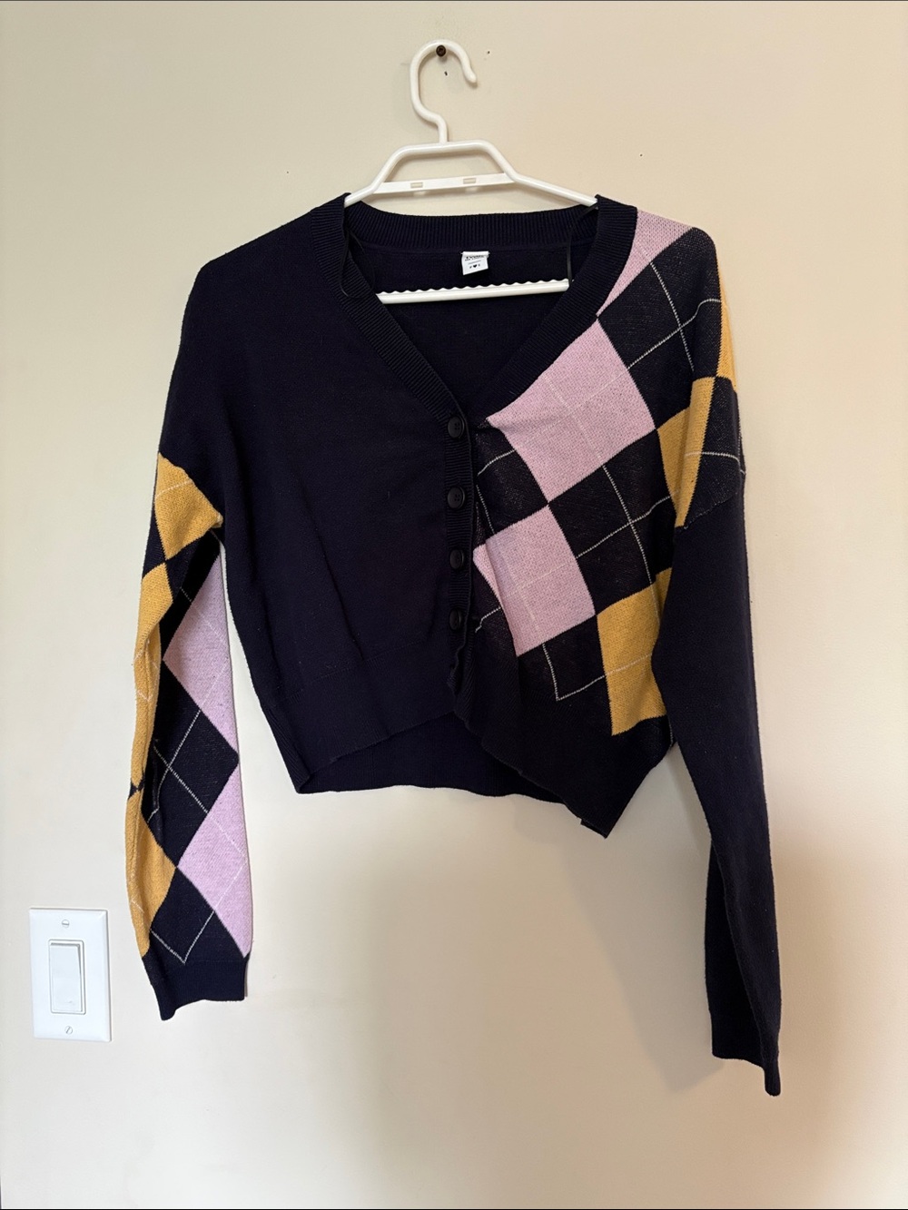 Simons Twik Navy Cropped Cardigan with Pink Argyle Detail